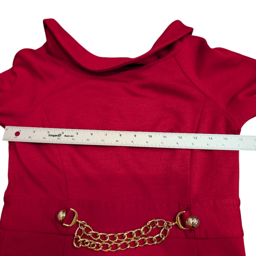 Milly NY Red Wool Sheath Dress Gold Chain Belt Sz M Old Money Classic USA - Picture 8 of 10